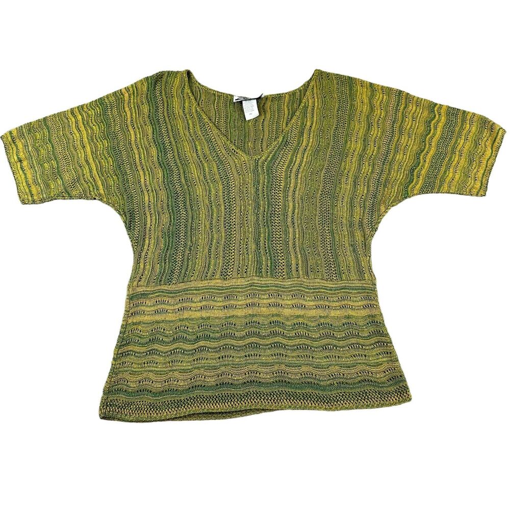 Two-One-Two New York Knit Top Womens MD Green Yellow Excellent V-Neck 404762